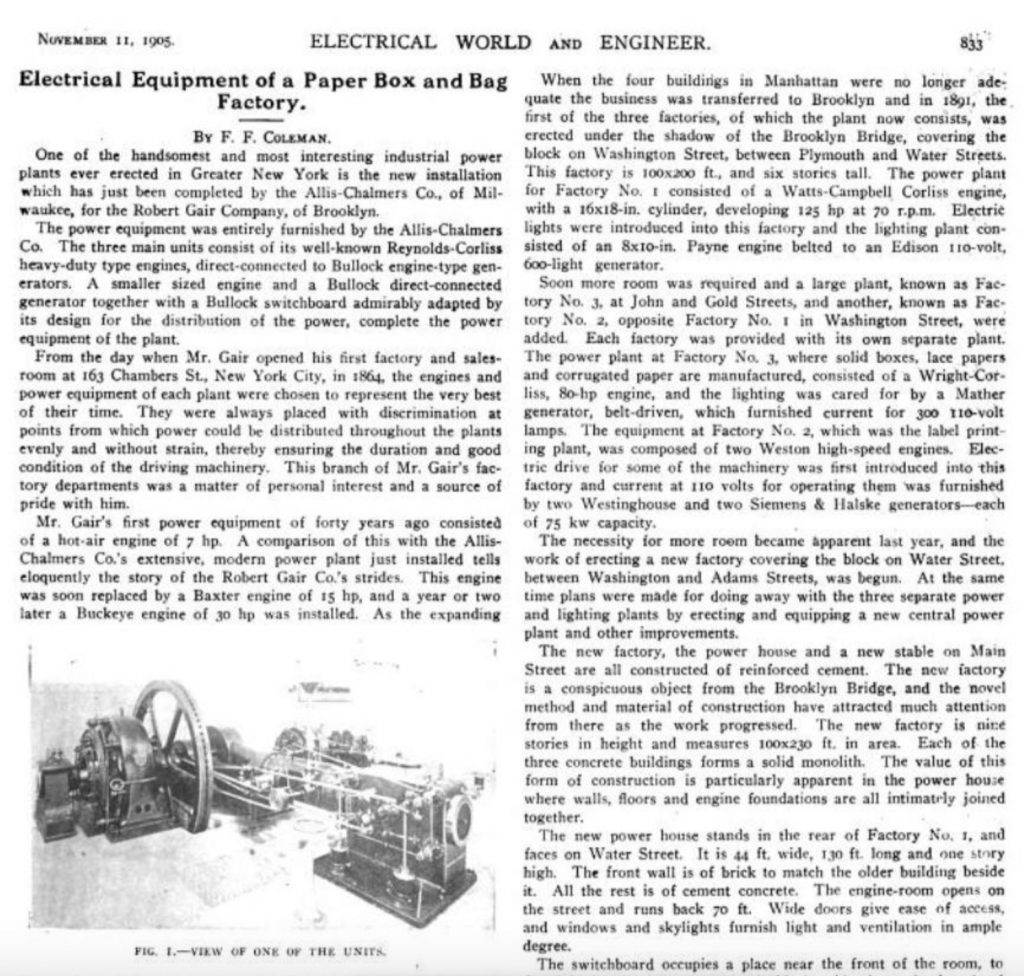 Page 833 from Electrical World and Engineer, November 11, 1905, describing new power equipment for the Robert Gair Company manufacturing plants.